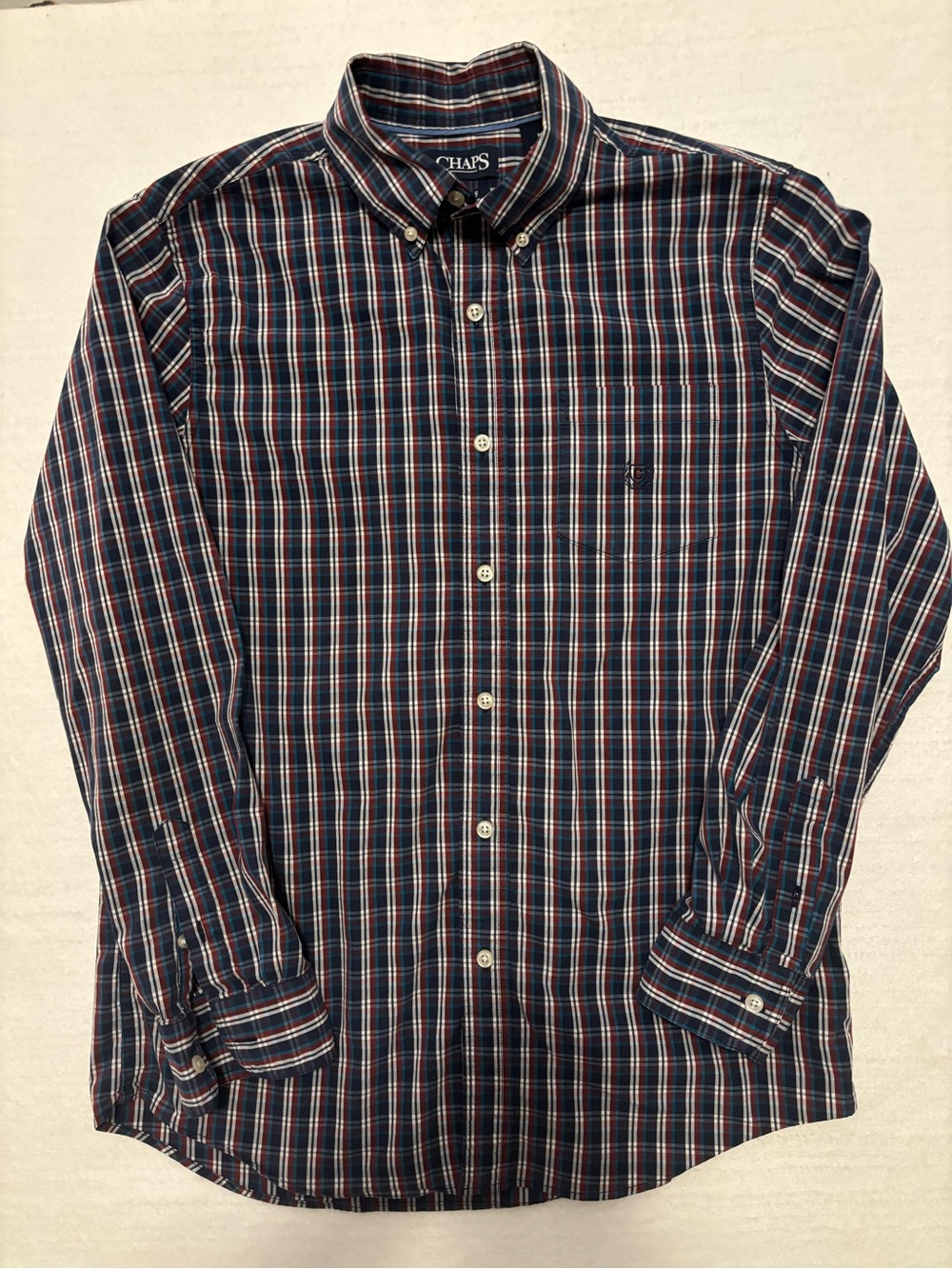 Chaps Men's Navy, Red & White Plaid Button-Down Shirt  Medium
Easy Stetch care